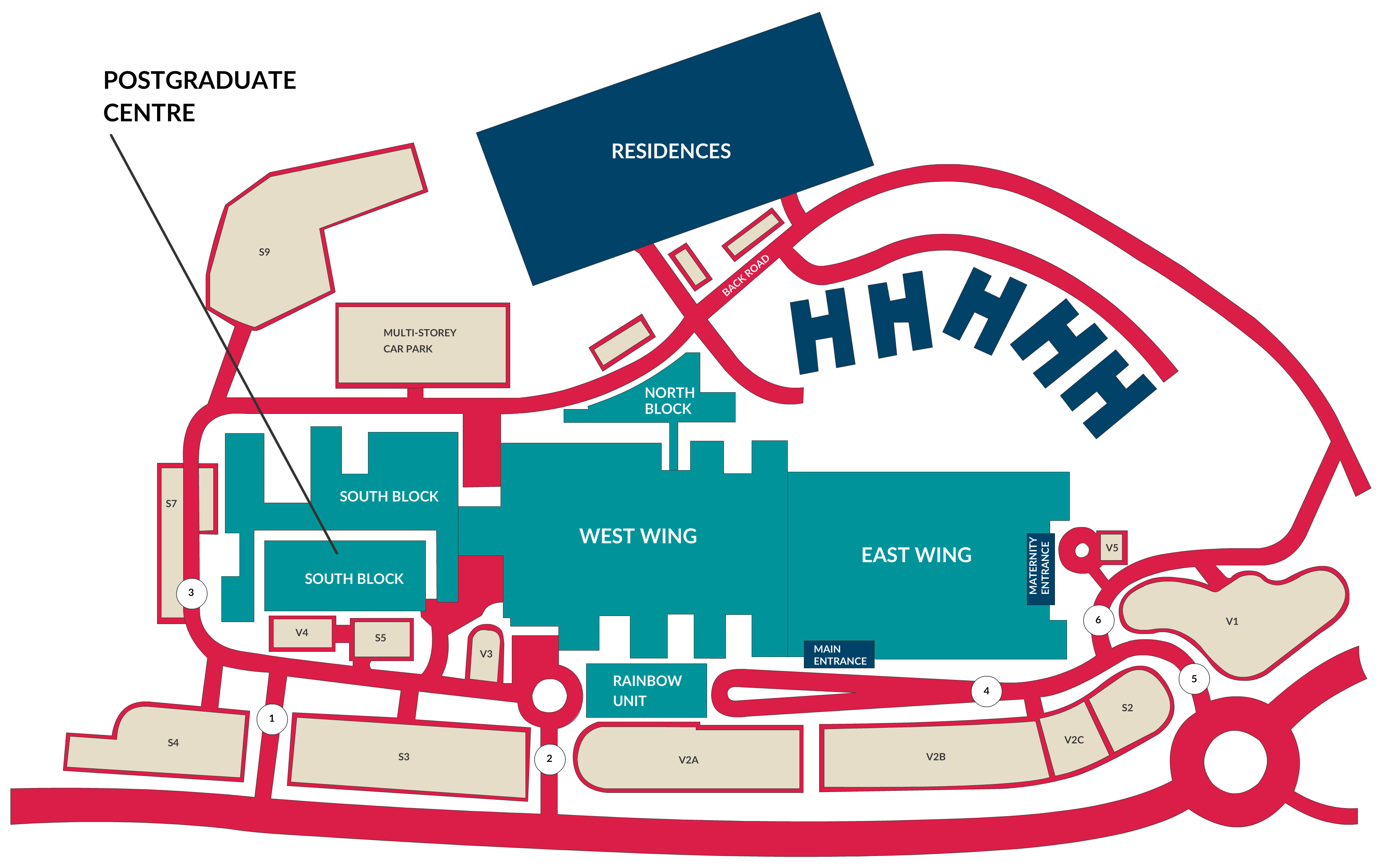 Map showing the buildings on the Russells Hall Hospital site